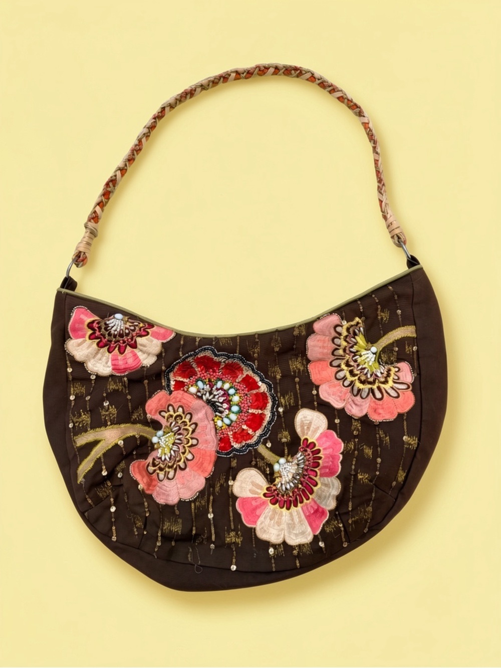 Accesorize Boho Embroidered and Beaded Crescent Shoulder Bag - Brown